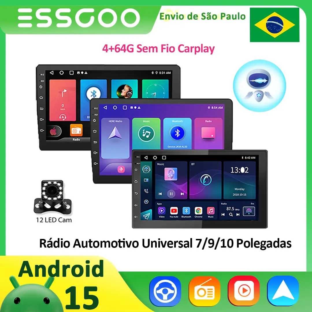  Rádio Automotivo ESSGOO Android 15 2 Din 7"/9"/10" Carplay Auto MP5 Universal WIFI GPS Multimídia Player de Vídeo FM Estéreo Automotivo - 1