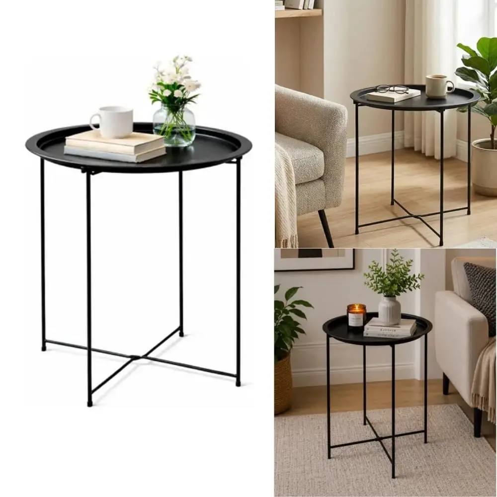 Mesa Lateral Redonda em Metal Mesa de Apoio Decorativa (Preto) - 1
