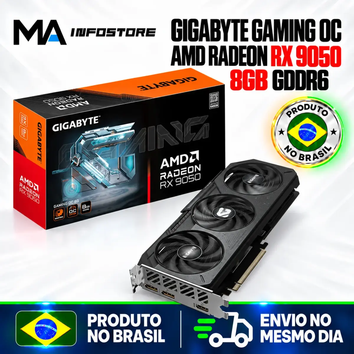 Placa de Vídeo Gigabyte AMD Radeon RX 9050 Gaming OC, 8GB, GDDR6, FSR, Ray Tracing, GV-R9050GAMING OC-8GD