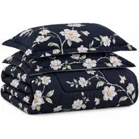 Kit Edredom Cobertor Zurique Queen Dupla Face Micropercal Estampado 400 Fios 3 Peças Flor Azul Marinho