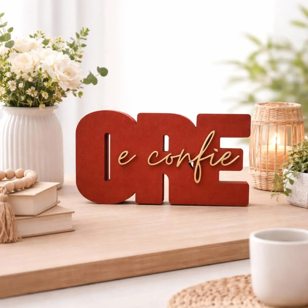 Letreiro Decorativo Ore e Confie Branco – Enfeite de Mesa com Mensagem de Fé, Decoração Religiosa para Sala, Quarto ou Escritório (MAROM+BEGE)