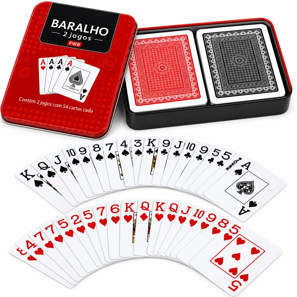 Kit 2 Baralhos 108 Cartas 100% Plástico Lavável com Estojo de Metal | Para Poker, Truco, Buraco e Canastra, com 2 decks de 54 cartas, fáceis de limpar e ideais para reunir família e amigos.