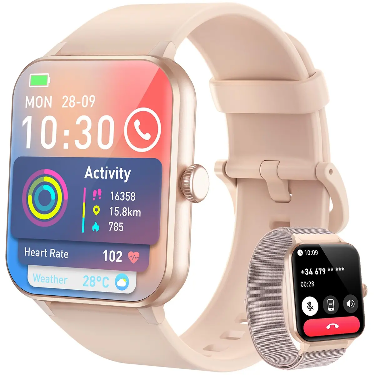 IOWODO Relógio Smartwatch 1.85" com Chamadas Bluetooth - 2 Pulseiras, 100+ Modos Esportivos, Assistente de Voz, Bateria Longa Duração - iPhone/Android (Rosa)