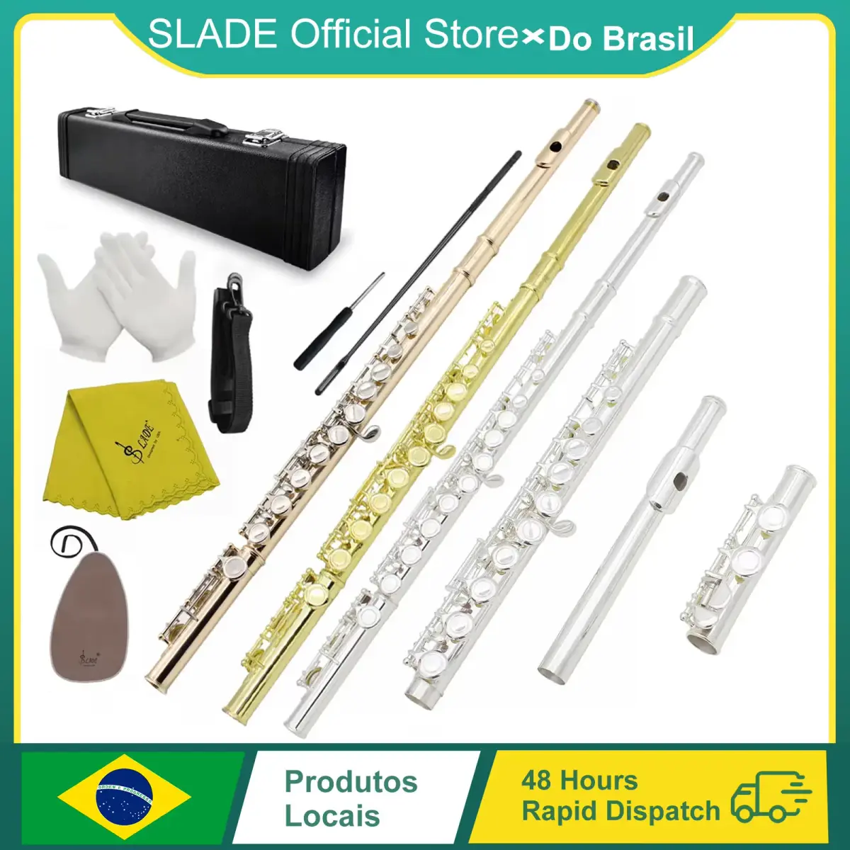 Flauta Profissional SLADE 16 C-Slot Holes Roxa/Preta do Brasil para Iniciantes e Estudantes com Estojo, Luvas e Kit de Limpeza - 1