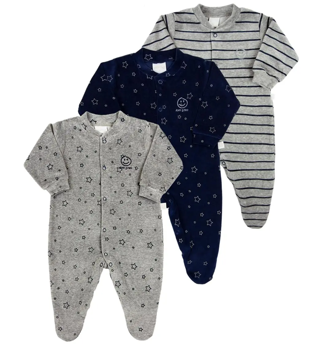 Kit 3 Macacões para Bebê Menino em Plush – Estampado e Listrado Inverno