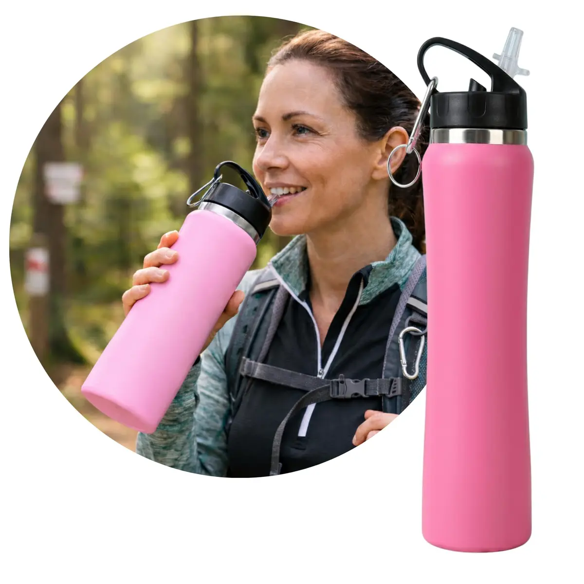 Garrafa Térmica de Inox com Canudo Retrátil, 750ml, Parede Dupla, Isolamento a Vácuo, Vedação Reforçada, Antivazamento, com Alça e Mosquetão (Rosa)
