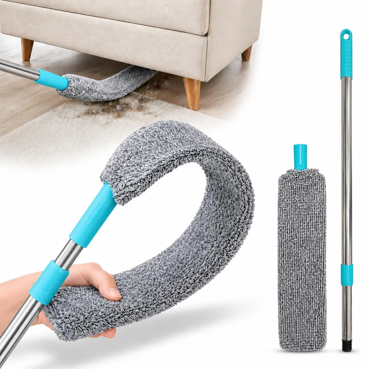 Espanador Mop Flexível Microfibra Haste Retrátil Extensível Até 1,5m, Estreito Flat, Lavável, Limpeza Embaixo de Móveis, Cama, Sofá, Geladeira e Áreas Altas, Uso Doméstico, Industrial e Profissional