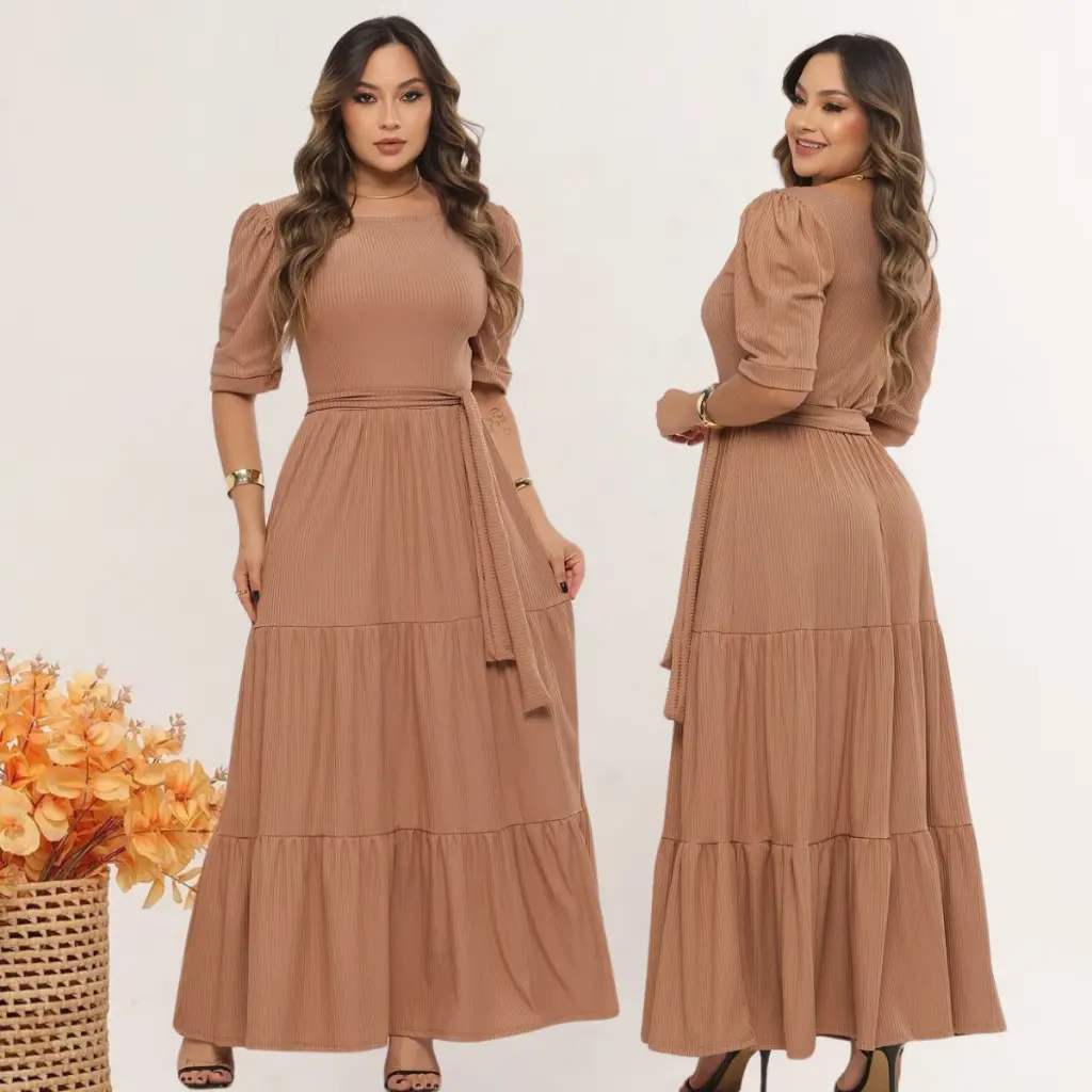 Vestido Feminino Longo Evangélico Luxo Elegante No Canelado - 1
