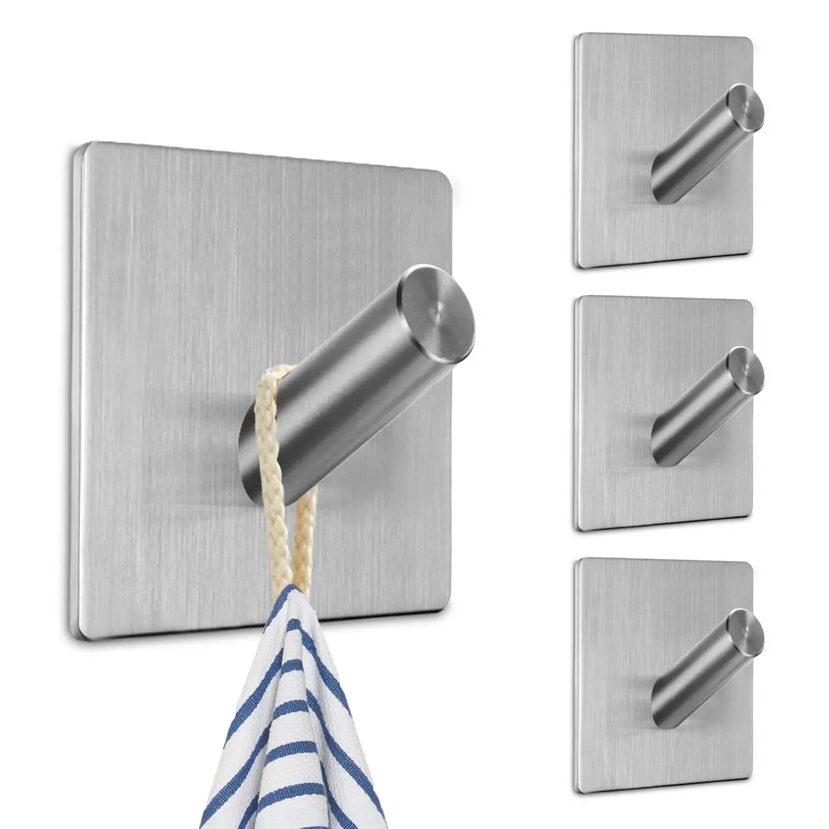 Kit 4 Ganchos Adesivos Aço Inox Premium, Multiuso Suporte Para Banheiro, Ganchos Quadrados De Parede Com Elevada Capacidade De Carga, Para Banheiro, QuartoX, Lavanderia e Quarto (Prateado)