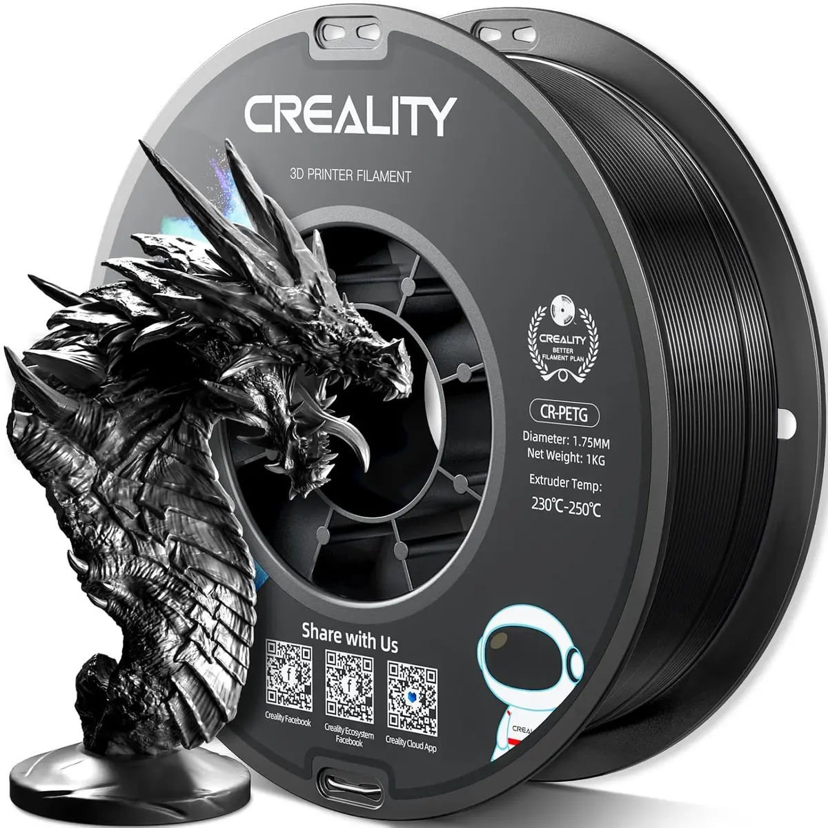 Creality Filamento PETG oficial para impressora 3D, 1,75 mm, 1 kg (2,2 lb), alta precisão, grande resistência, inodoro, melhor fluidez, filamento PETG CR para impressão 3D à prova de umidade, preto