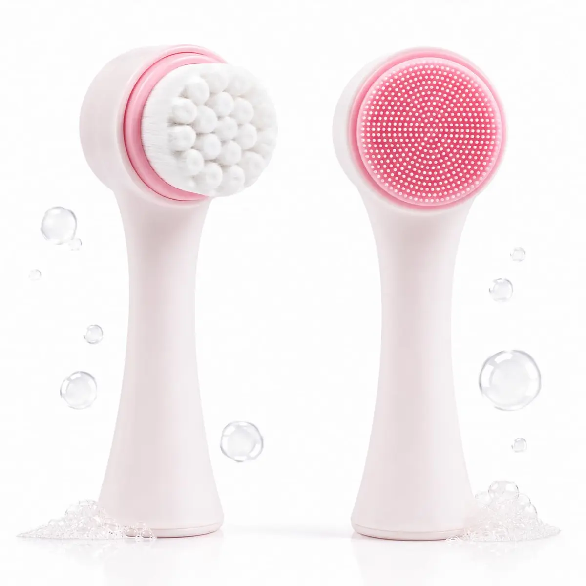 Escova Facial 2 em 1 de Silicone com Cerdas Macias para Limpeza Profunda e Massagem Facial, Portátil e Resistente para Skincare e Cuidados com a Pele (Branco com Rosa)