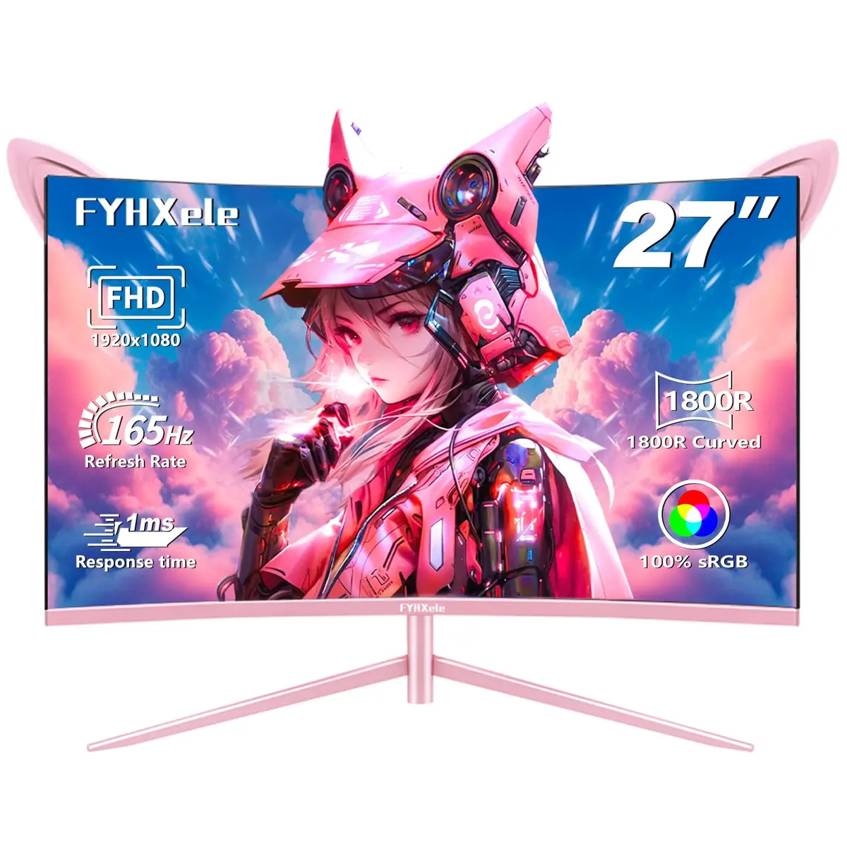 Monitor Gamer FYHXele FY27FHP, 27 Pol, VA, Curvo, FHD, 1ms 165Hz, FreeSync, HDMI/DP-Rosa - 1