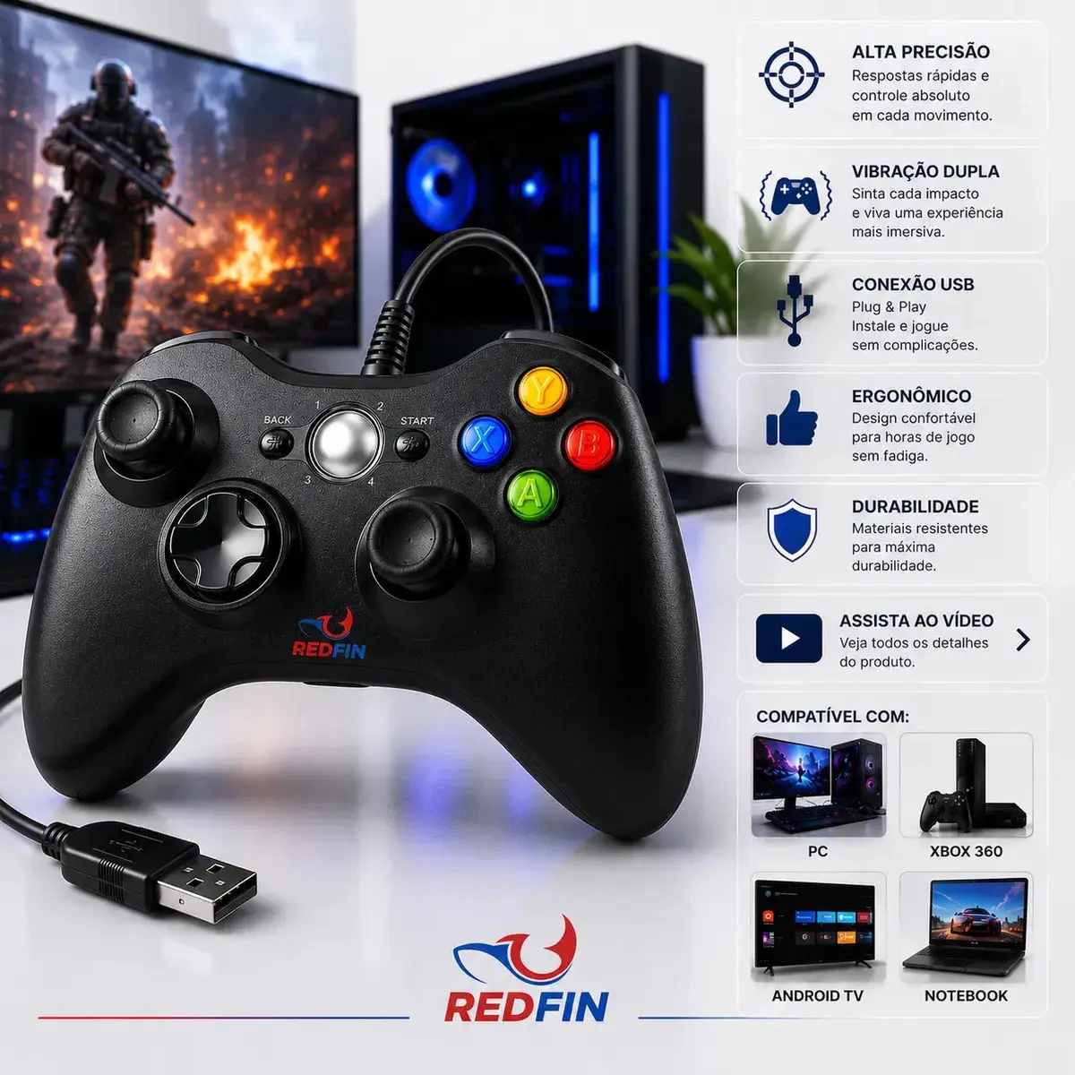 Controle Para Xbox 360 Com Fio USB Joystick Manete Gamepad Controle PC Gamer Para Computador Windows Steam Game Pass Android Gamepass TV Vibração Analógico Ergonômico Plug And Play Redfin - 1