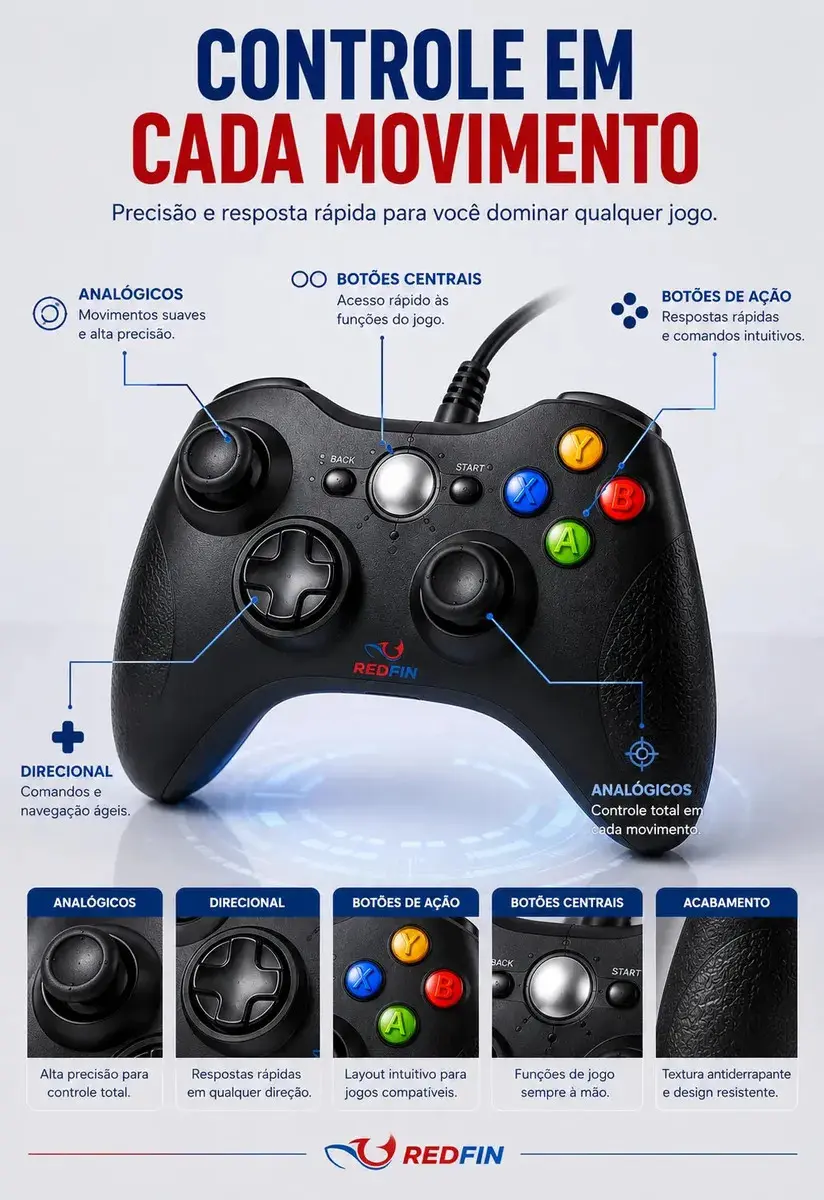 Controle Para Xbox 360 Com Fio USB Joystick Manete Gamepad Controle PC Gamer Para Computador Windows Steam Game Pass Android Gamepass TV Vibração Analógico Ergonômico Plug And Play Redfin thumbnail 2