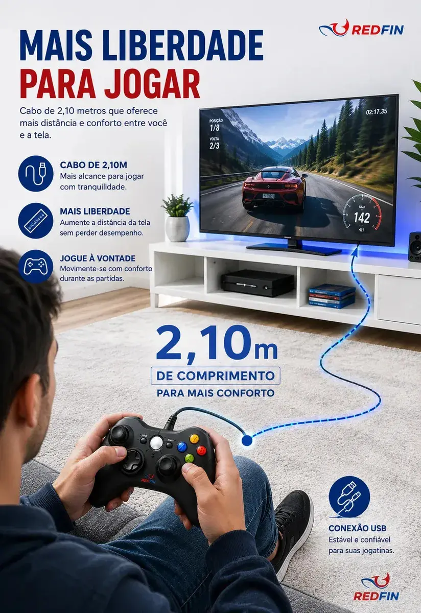 Controle Para Xbox 360 Com Fio USB Joystick Manete Gamepad Controle PC Gamer Para Computador Windows Steam Game Pass Android Gamepass TV Vibração Analógico Ergonômico Plug And Play Redfin thumbnail 3