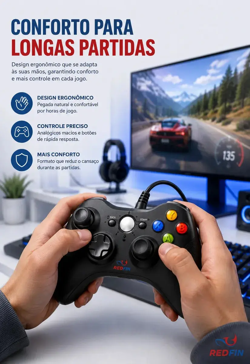 Controle Para Xbox 360 Com Fio USB Joystick Manete Gamepad Controle PC Gamer Para Computador Windows Steam Game Pass Android Gamepass TV Vibração Analógico Ergonômico Plug And Play Redfin thumbnail 4