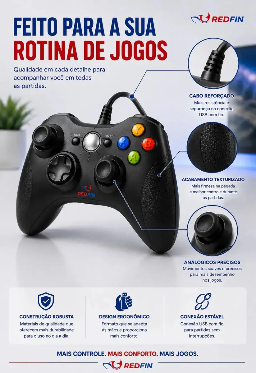 Controle Para Xbox 360 Com Fio USB Joystick Manete Gamepad Controle PC Gamer Para Computador Windows Steam Game Pass Android Gamepass TV Vibração Analógico Ergonômico Plug And Play Redfin thumbnail 6