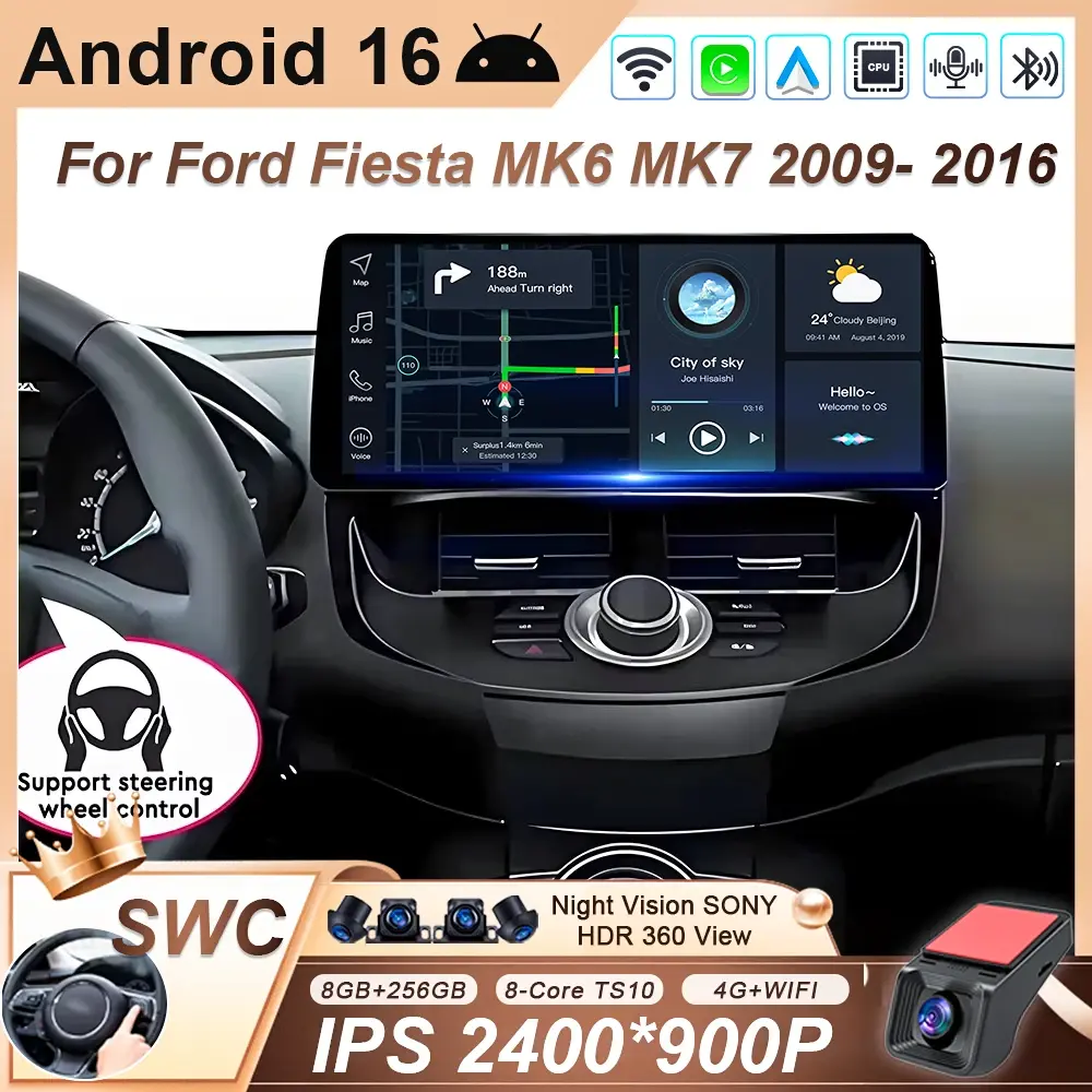 Rádio Automotivo GPS de 12,3 polegadas com Carplay sem fio, tela QLED para Ford Fiesta MK6 MK7 2009-2016 LHD RHD, Reprodutor Multimídia Android com Vídeo. - 1