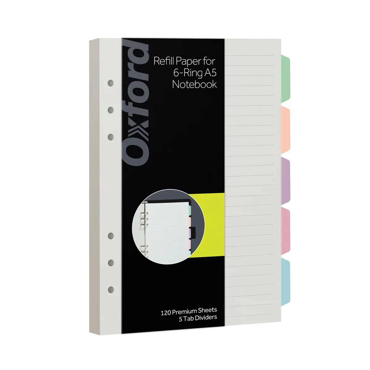 Oxford Refil de papel A5, papel pautado com 6 anéis com divisórias pastel, 5 abas, 120 folhas, 15 x 21 cm, caderno, agenda e agenda (1016731)