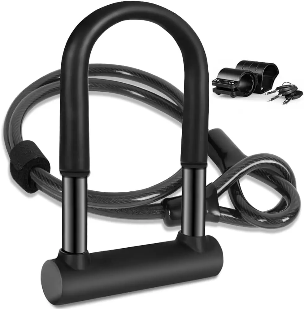 Cadeado para Bicicleta, Cadeado U-Lock, Cadeado Bike e Moto, Cadeadó para Bicicleta, Tranca de Bicicleta, Cadeadó para Moto Cabo de Bicicleta Flexível de 1,2m e Suporte de Montagem Resistente