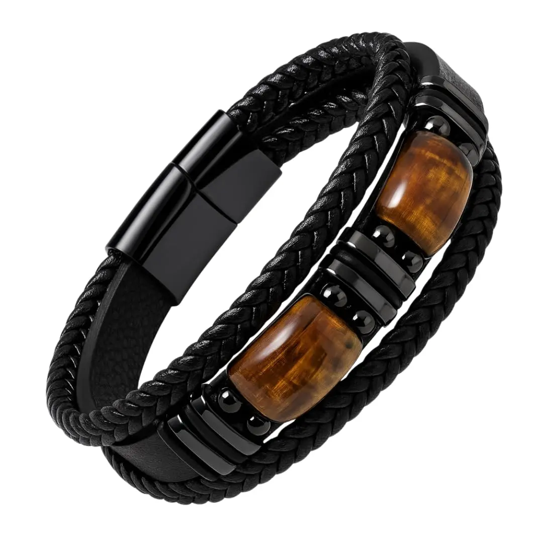 Pulseira Masculina Premium Áurea Guardiã – Olho-de-Tigre & Couro Preto | Proteção, Força & Estilo