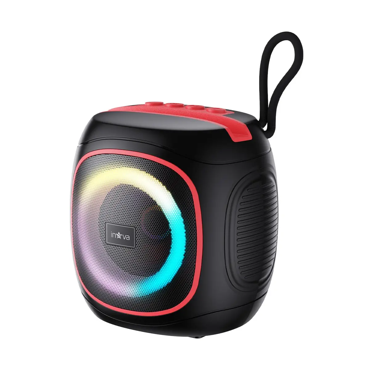 INAVA Caixa de Som Portátil com Suporte para Celular, 15h de Bateria, IPX6 à Prova d'Água, Luzes RGB, Som 360°, TWS/FM/USB/TF (vermelho)