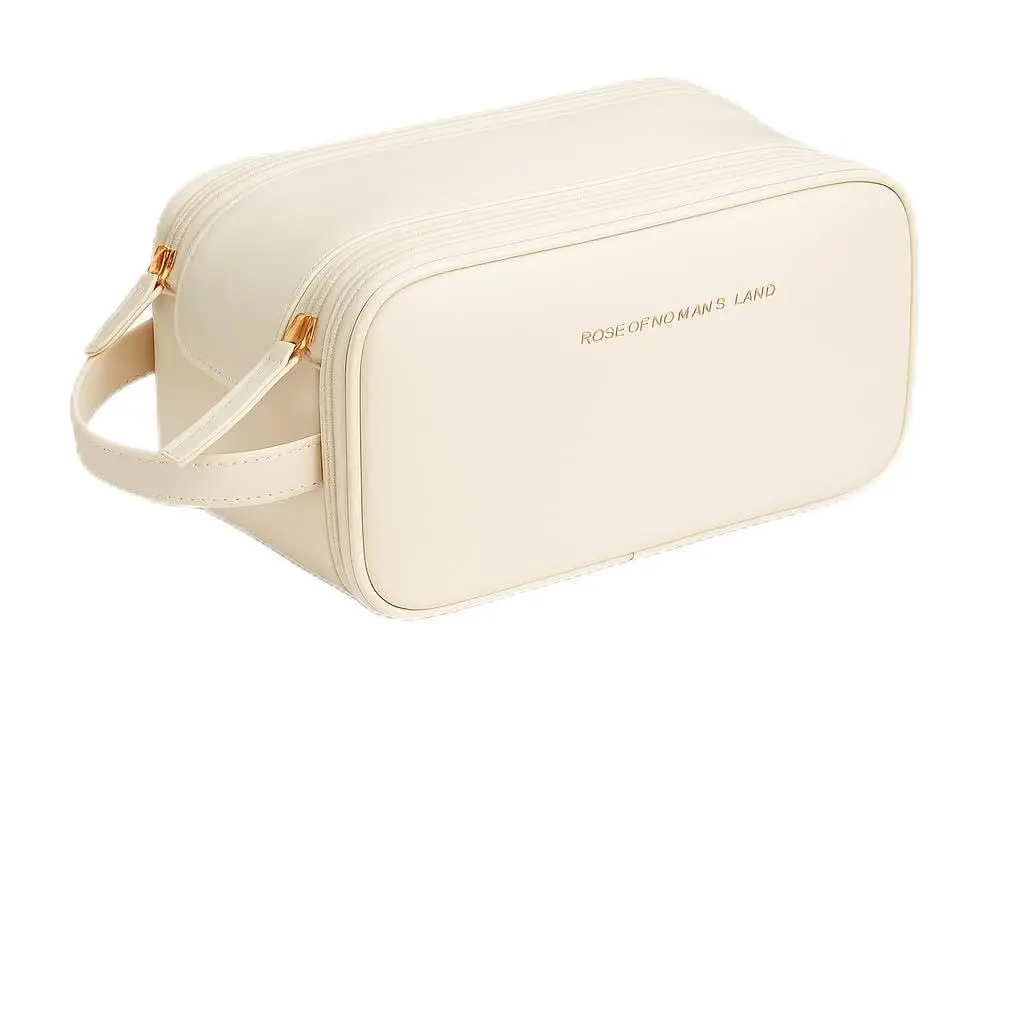 Necessaire Bolsa Organizadora de Maquiagem Couro Sintético Grande Capacidade com Duas Camadas, Alça Lateral, Divisórias Internas e Suporte para Pincéis – Ideal para Viagem (Gelo)