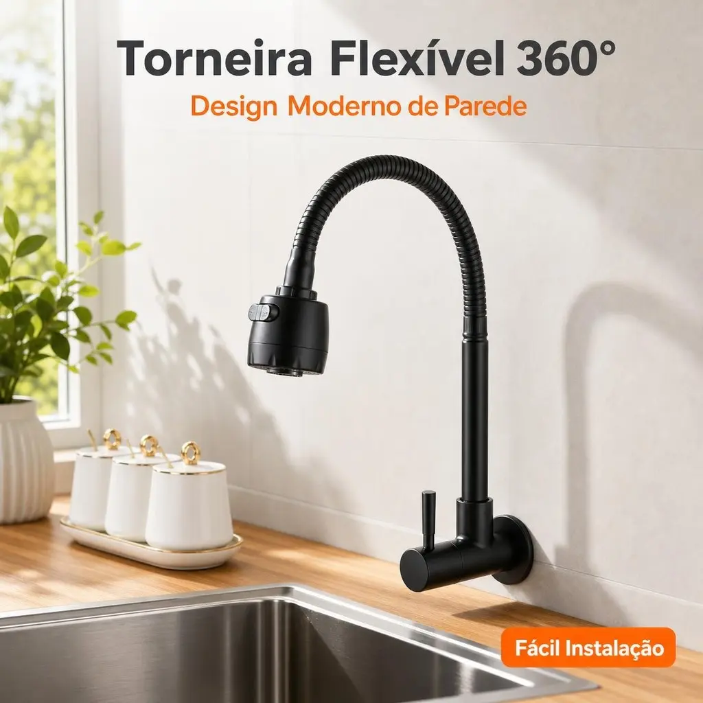 Torneira Inox  Prata/Preto Com Chuveiro Com Rotação De 360° Cozinha Luxo Parede Promoção