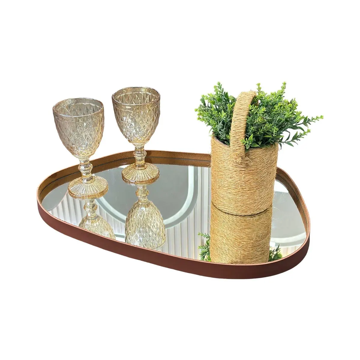 Bandeja Orgânica Espelhada Decorativa, Couro Ecológico, Borda 25mm, Modelos Variados, Marrom ou Preto (N1-G Marrom)