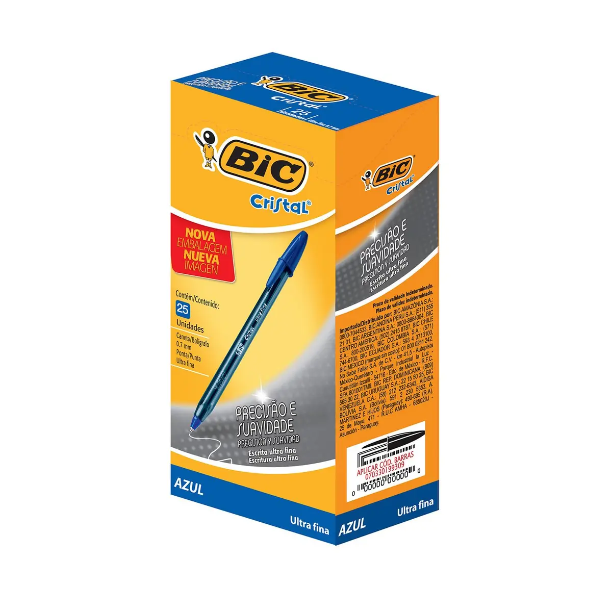 Caneta Esferográfica BIC Cristal Precisão e Suavidade, Azul, Ponta Ultra Fina, 0.7mm, 902488, 25 unidades