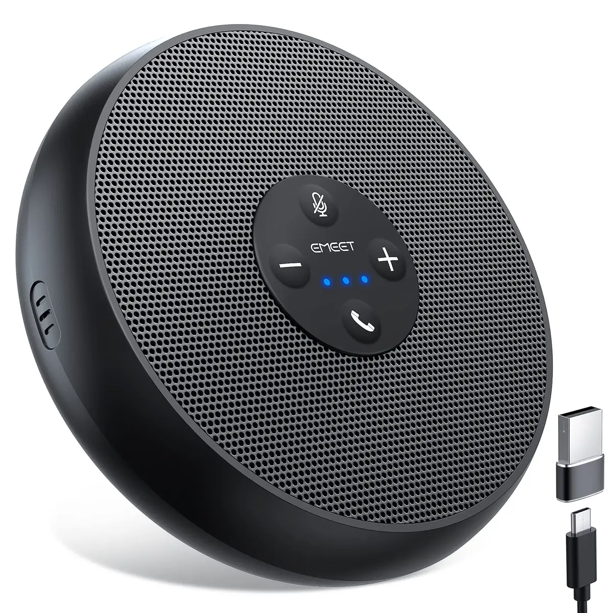 Alto-falante USB EMEET, microfones AI certificados com zoom M1A, captador de voz de 360° USB tipo C-A, alto-falantes de computador ligar e usar com microfone, redução rápida de ruído silencioso