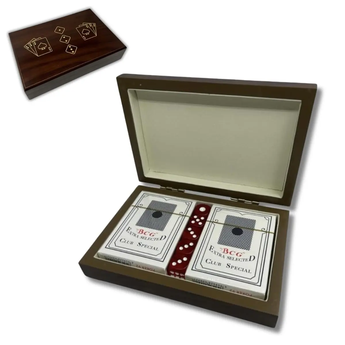 Jogo de Cartas Baralho e Dados Premium com Caixa Personalizada em Madeira Truco Poker