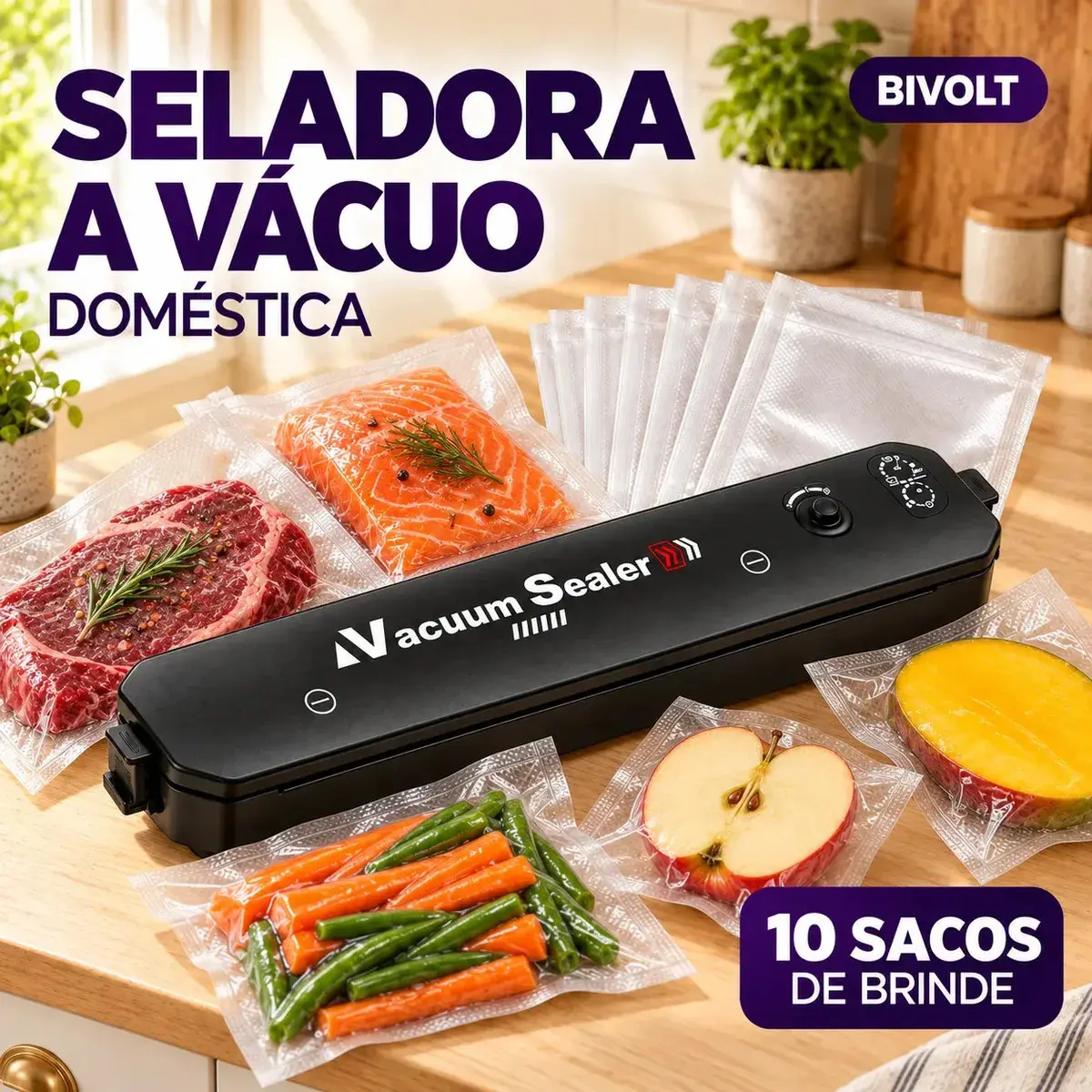 Seladora a Vácuo Para Alimentos Automática Máquina Embaladora Portátil Profissional Doméstica Elétrica Selar Embalar Conservar Alimentos Frescos 110v 220v Seladora à Vácuo Com 10 Saquinhos - 1