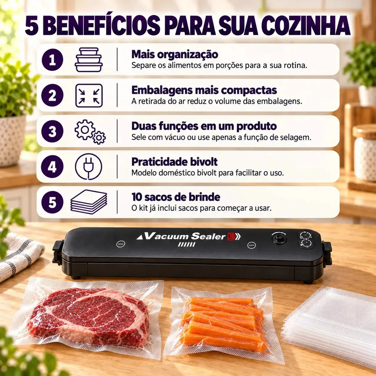 Seladora a Vácuo Para Alimentos Automática Máquina Embaladora Portátil Profissional Doméstica Elétrica Selar Embalar Conservar Alimentos Frescos 110v 220v Seladora à Vácuo Com 10 Saquinhos thumbnail 2