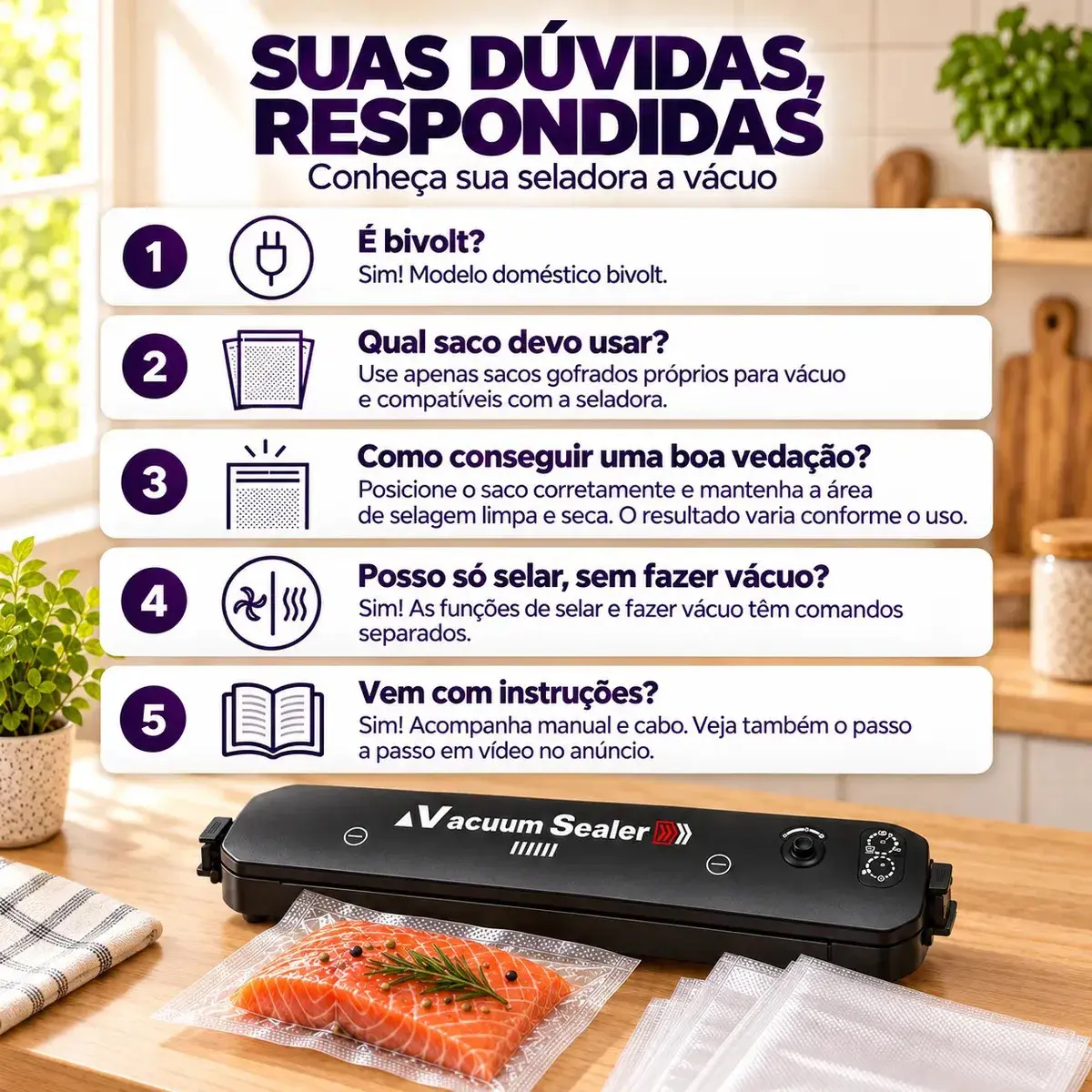 Seladora a Vácuo Para Alimentos Automática Máquina Embaladora Portátil Profissional Doméstica Elétrica Selar Embalar Conservar Alimentos Frescos 110v 220v Seladora à Vácuo Com 10 Saquinhos thumbnail 5