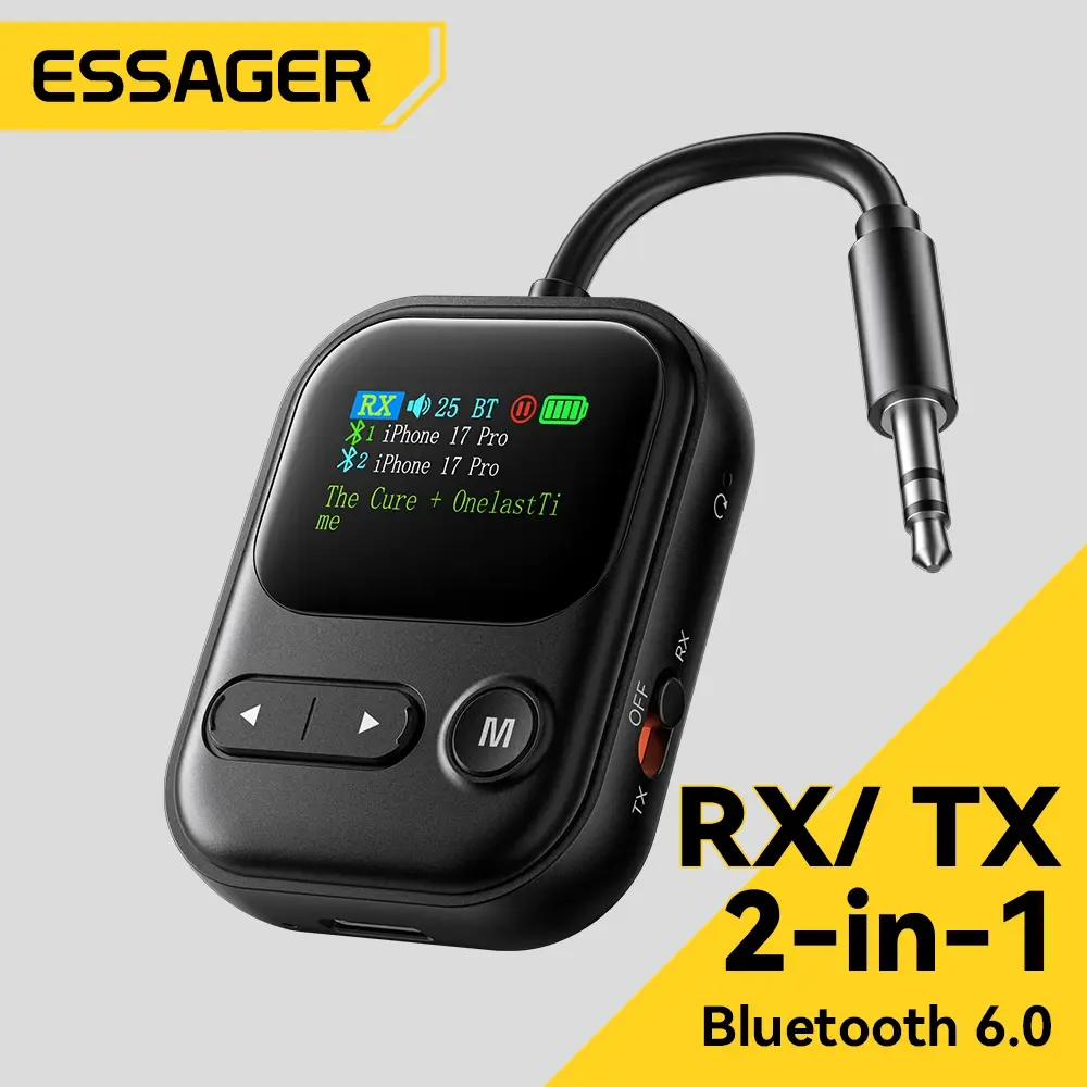 Transmissor e Receptor de Áudio Bluetooth 6.0 Essager com Microfone, Conector de 3,5mm e Tela LCD para Carro, Estéreo Doméstico, Telefone, Fones de Ouvido e Caixas de Som