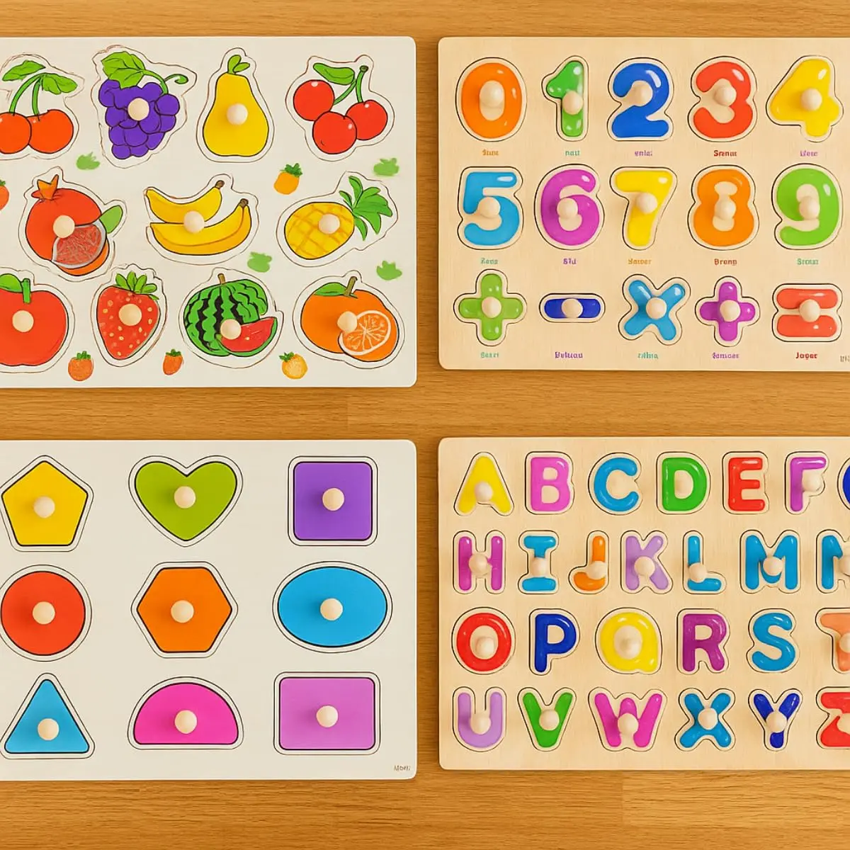 Kit 4 Quebra-Cabeças Pedagógicos Infantis com Pinos, Alfabeto Números Formas Frutas, 63 Peças, Madeira, 30x22cm, Coordenação Motora - 1