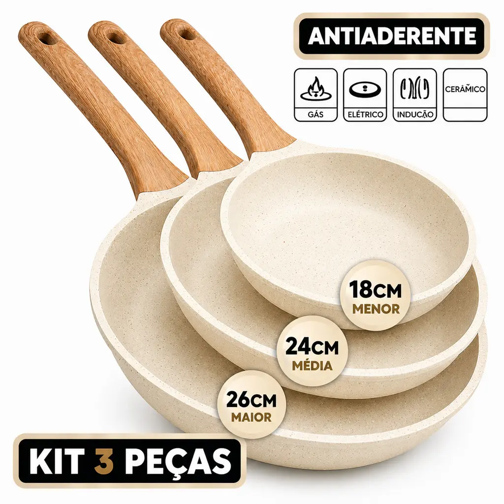 3 Frigideira 26cm e 24 cm e 18cm Creme Antiaderente Indução de Alumínio Revestimento Cerâmico Premium Cabo Madeira