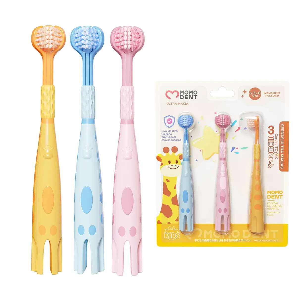 MOMODENT Escova de Dente Infantil 3 Unidades, para Crianças de 3 a 8 Anos | Três Lados, Cerdas Ultra Macias, Livre de BPA, Cores Coloridas, Design Divertido, Suave Para as Gengivas - 1
