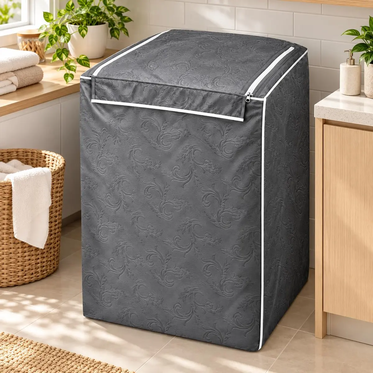 Capa Máquina de Lavar P 7kg a 9kg Cinza Impermeável Flanelada com Zíper | Tamanho P Proteção UV Forrada Perolizada Poeira Umidade Respingos Lavadora