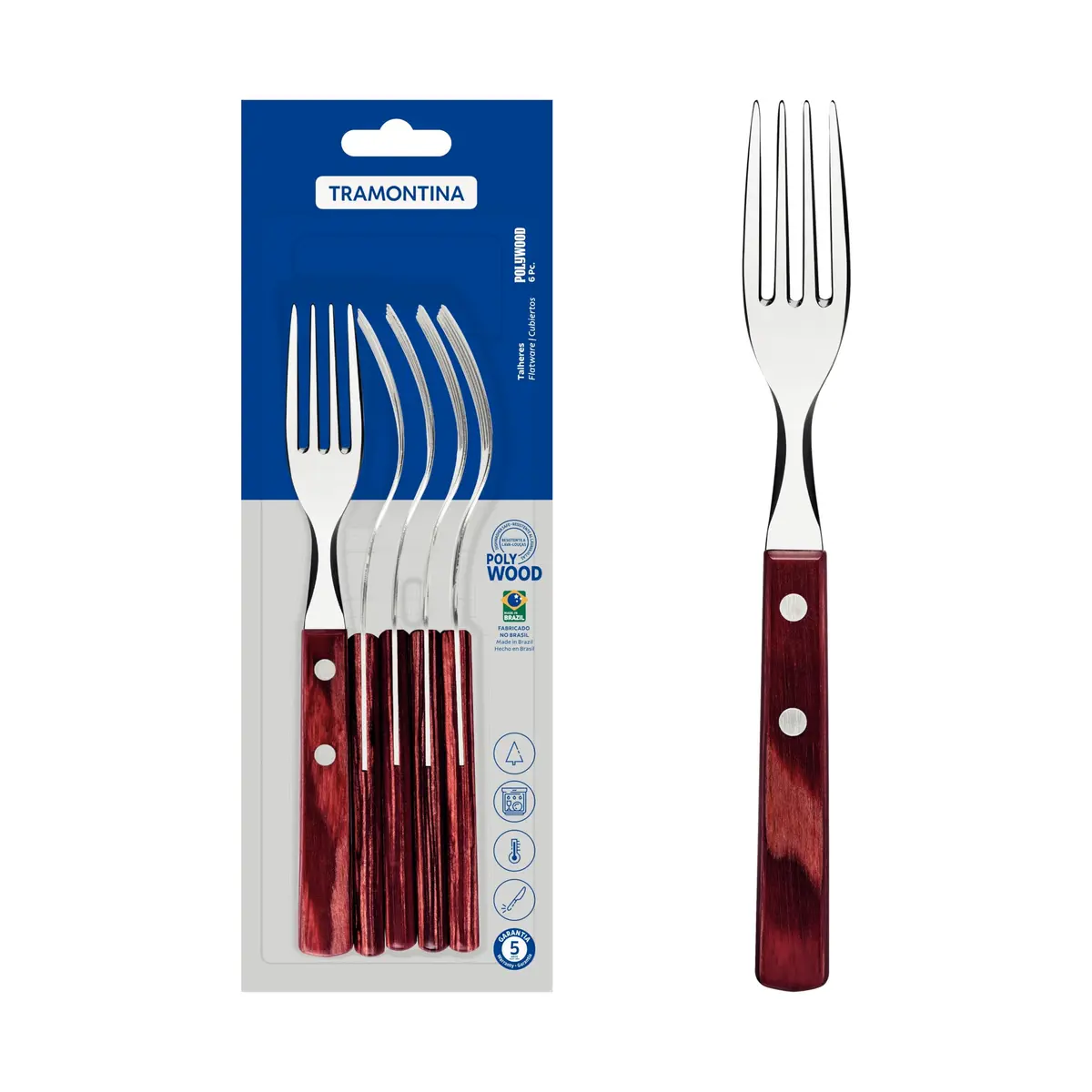 Conjunto De Garfos De Mesa Tramontina Com Lâminas Em Aço Inox E Cabos Em Madeira Tratada Polywood Vermelho 6 Peças - 1
