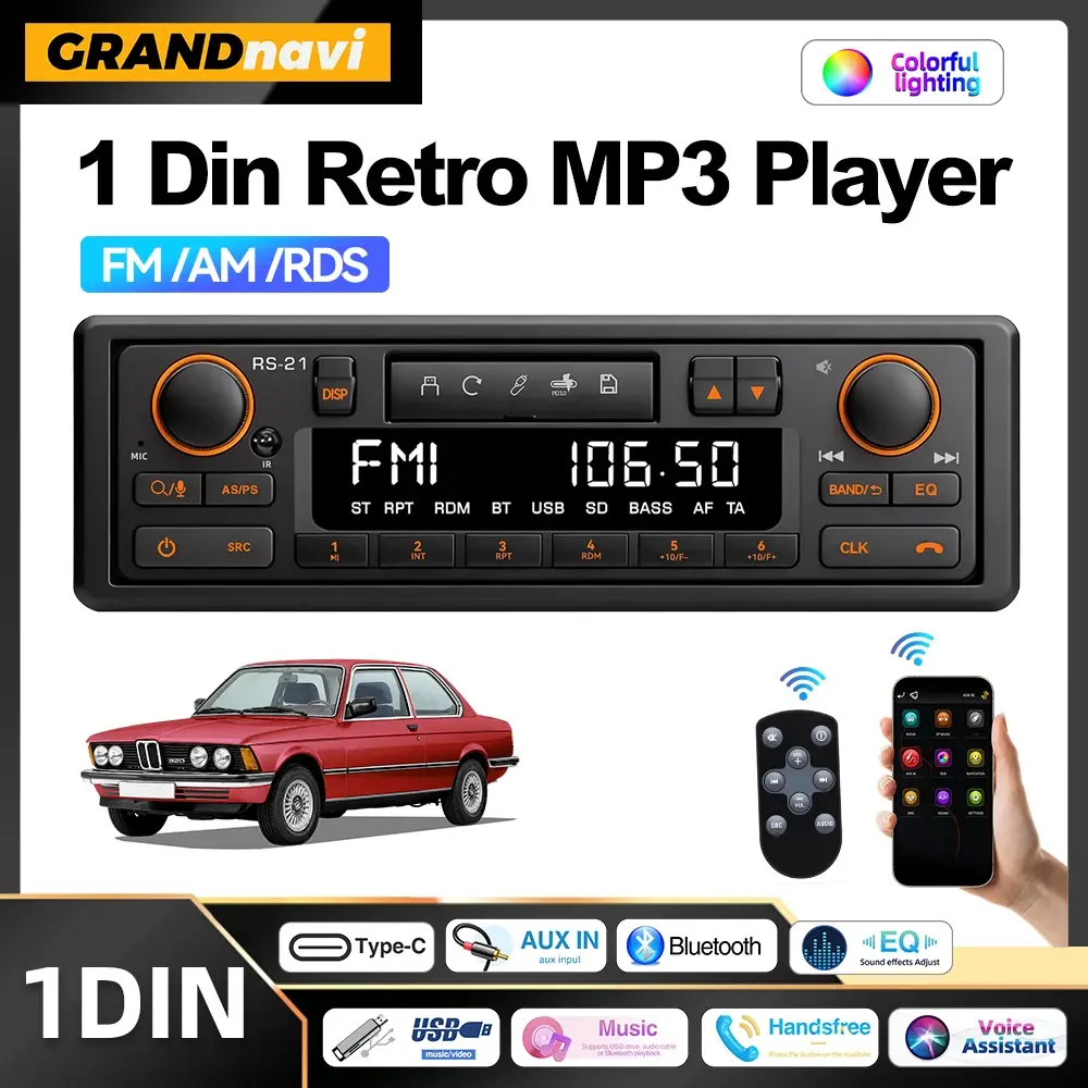 Rádio Automotivo Retrô 1DIN MP3 Player Estéreo Bluetooth FM AM RDS com Suporte QC3.0 para Porsche VW Benz BMW Land Rover Audi Alfa Romeo - 1