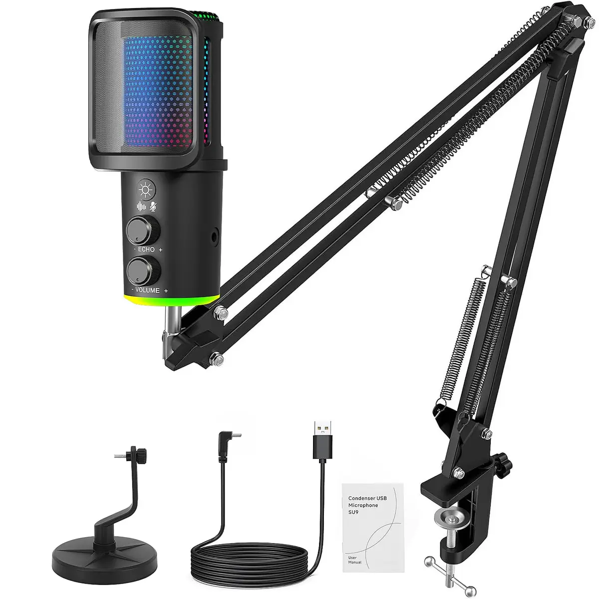 Microfone RGB,NEW USB Mic para PC/Notebook, com Arm, Condensador Mic, Aplicável Live, Podcast, Gravação de Audio, Karaoke, DJ, Gamer Youtuber - 1