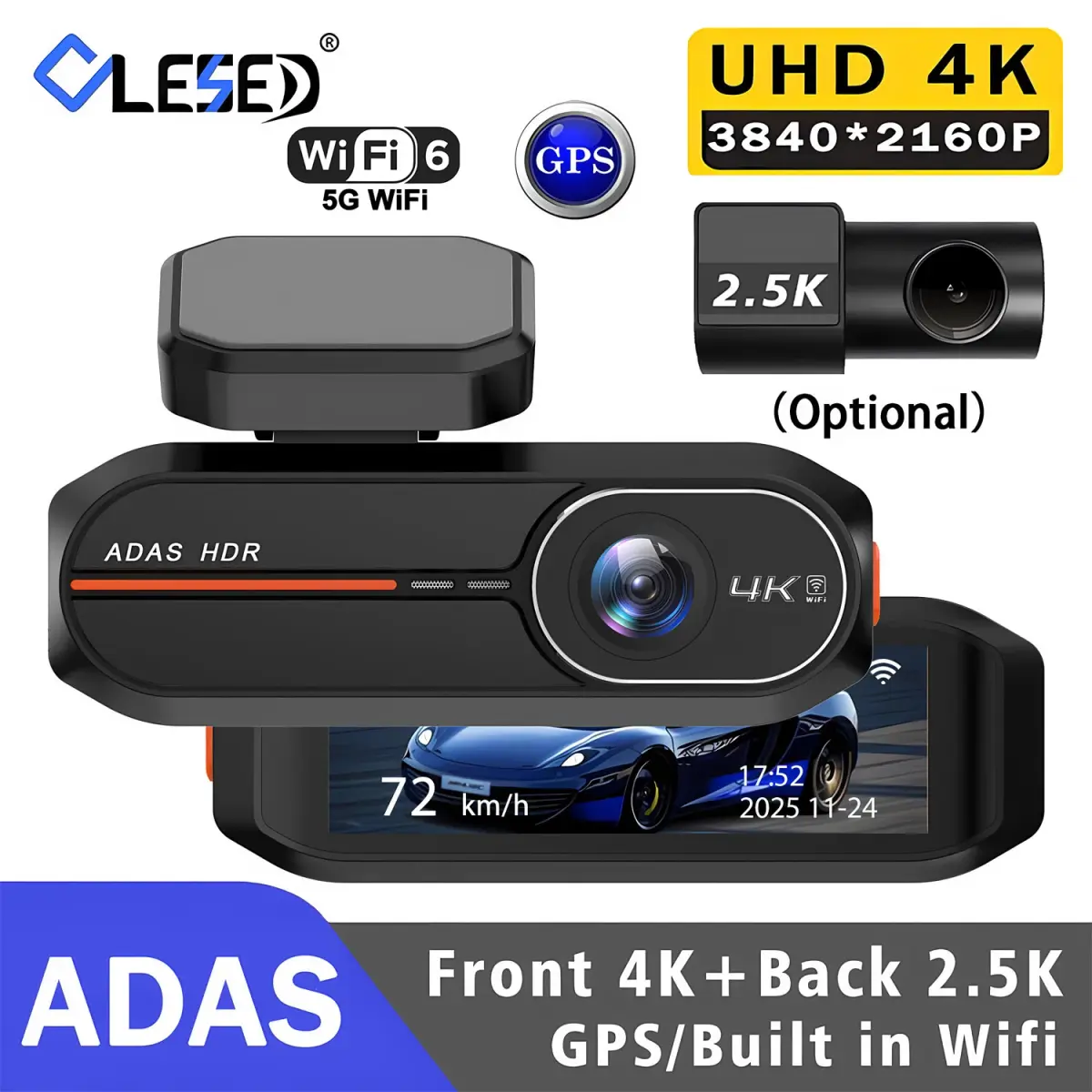 Câmera Veicular 4K 3840*2160P com WiFi, GPS, ADAS, Gravação Frontal 4K e Traseira 2.5K, DVR com Visão Noturna 24H, Câmera para Carro, Caixa Preta - 1