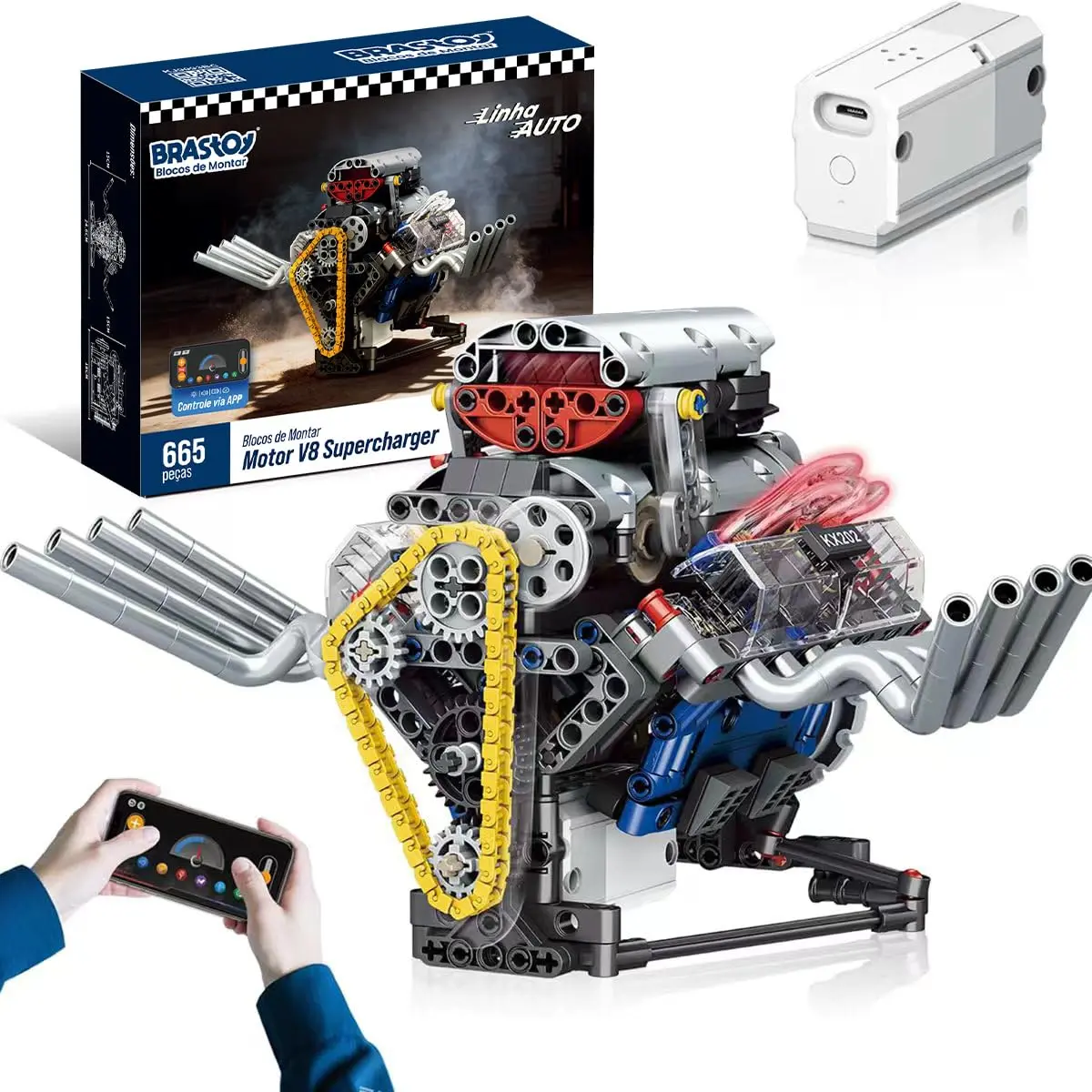 Brastoy Blocos Montar Construção de Motor V8 Modelo STEM Brinquedos Infantil e Adulto Controle Via App (665 Peças)