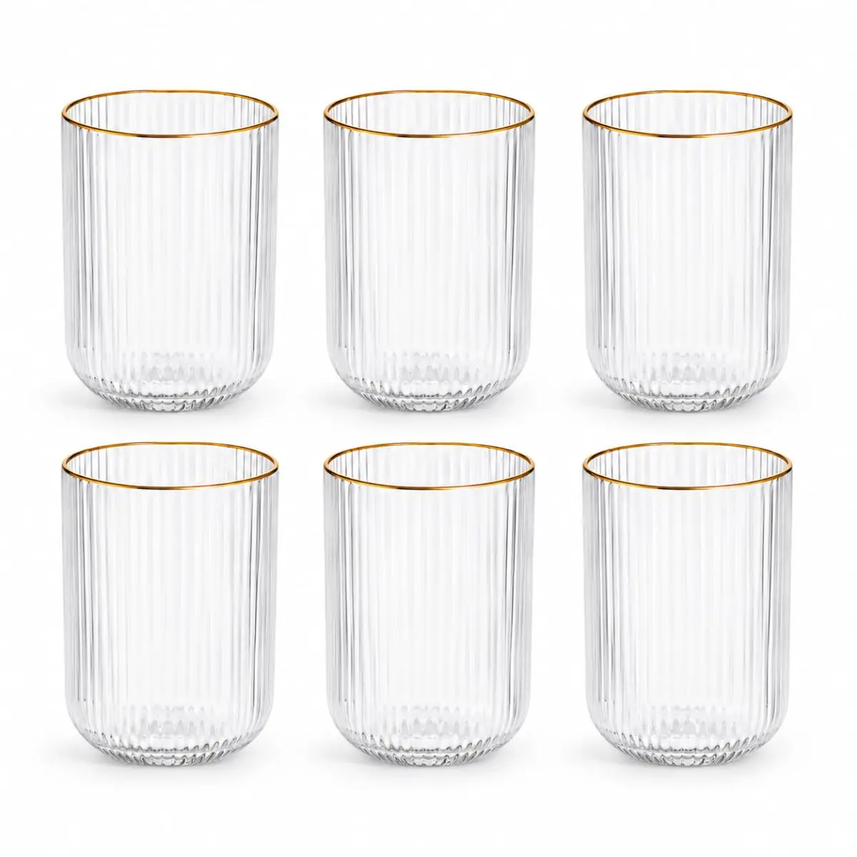 Kit 6 Copos De Vidro Canelado Com Borda Dourada 420ml Elegantes Resistentes Fio De Ouro Premium Versáteis Ideal Para Servir Água Sucos Drinks Mesa Posta Convidados - 1
