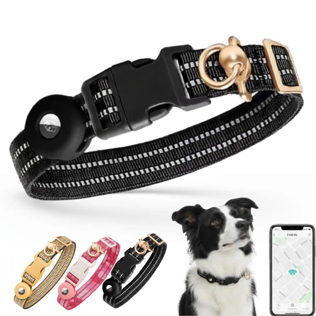 Coleira de cachorro para AirTag e rastreadores compatíveis com Apple e Android (Preto, G (39-68cm))