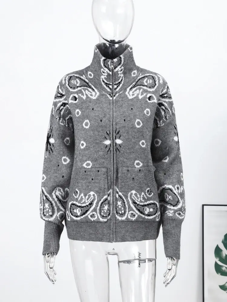 Cardigan jacquard casual para mulheres, gola solta, bolsos com zíper, suéter feminino, primavera 2026, grosso, quente, malhas