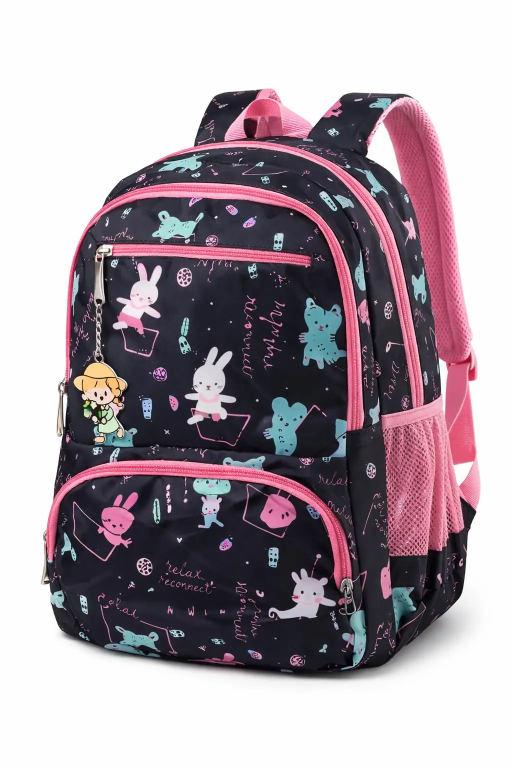 Mochila Infantil e Juvenil Estampada 25L em Poliéster Resistente 4 Bolsos com Zíper, Costas Acolchoadas, Alças Confortáveis e Chaveiro Decorativo
