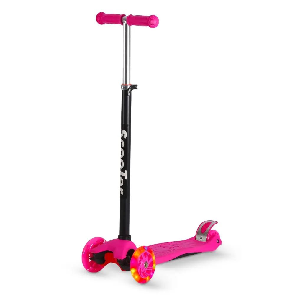 Patinete Infantil Unissex Dobrável e Ajustável 4 Rodas Com Luzes Em Led Até 70kg Azul/Preto/Rosa